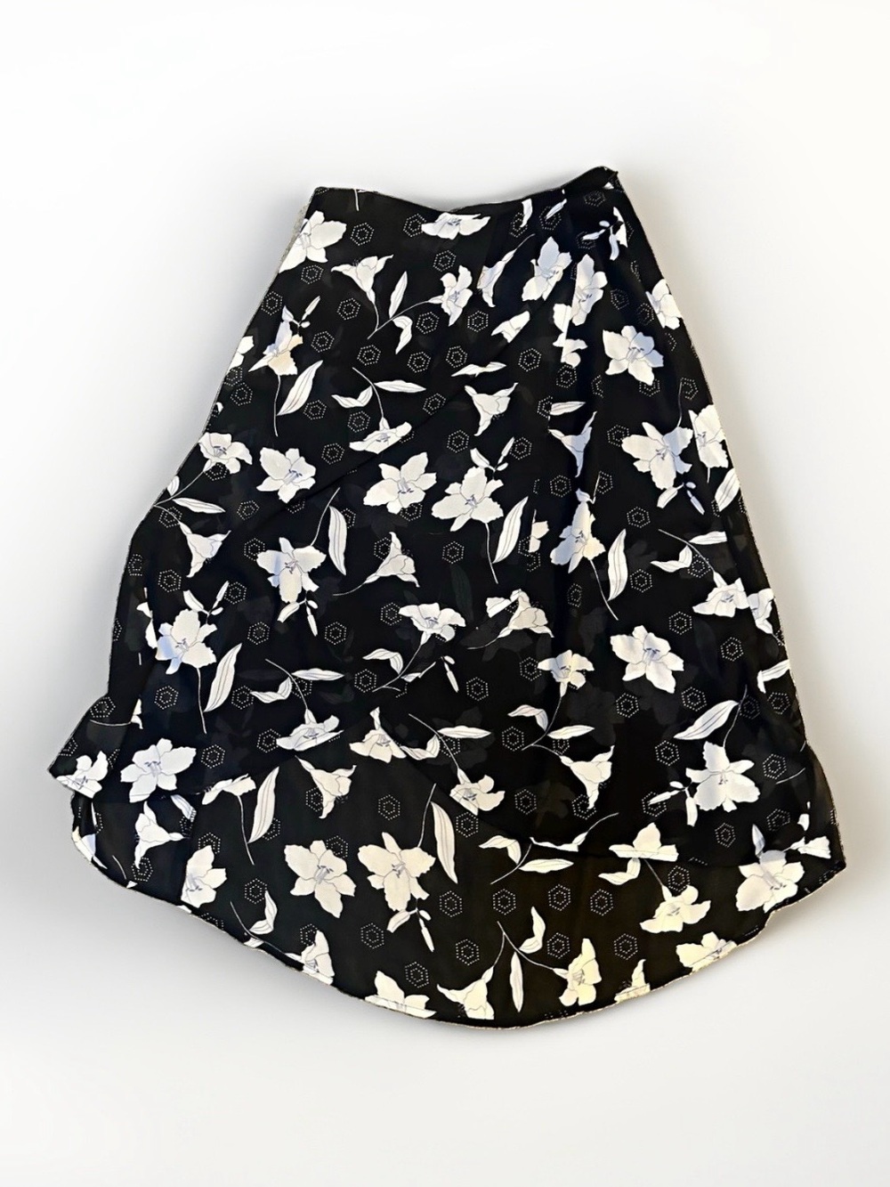 Black White Floral Print Midi Maxi Long Skirt Stretch Semi-Sheer Lined Stretch L